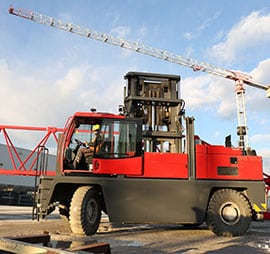 red sideloader with crane